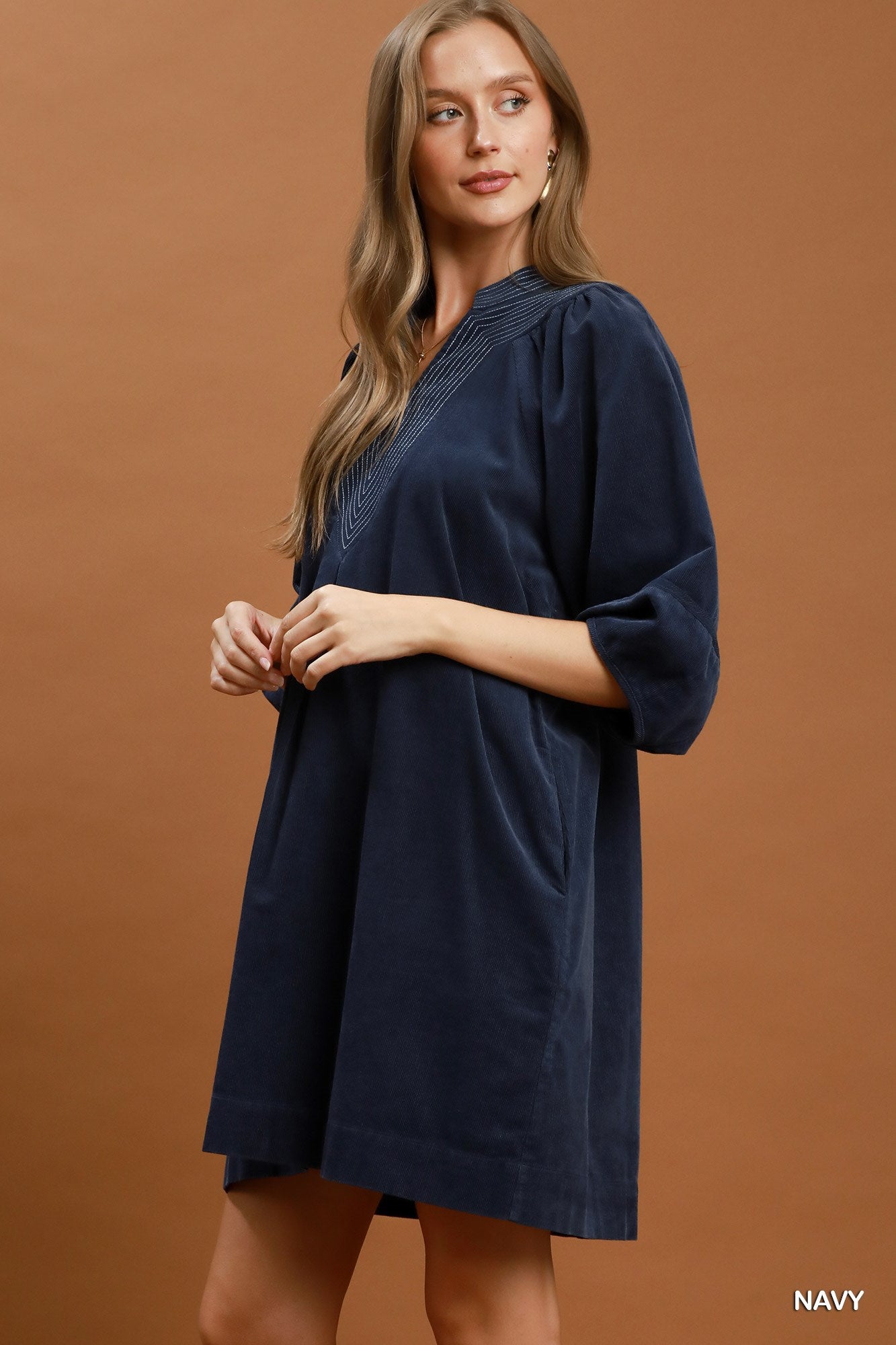 Corduroy V-Neck Puff Sleeve Shift Dress with Pockets