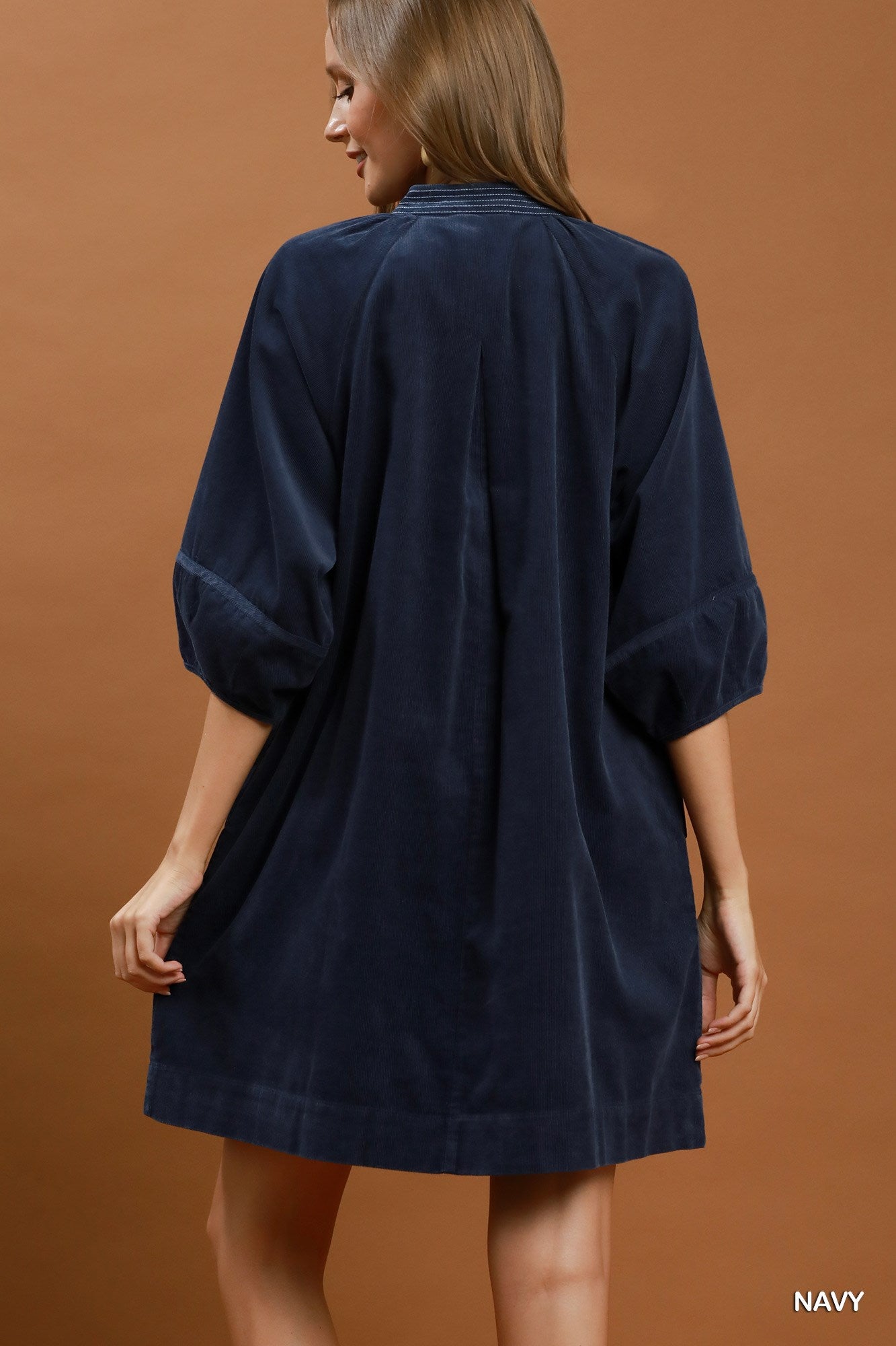 Corduroy V-Neck Puff Sleeve Shift Dress with Pockets