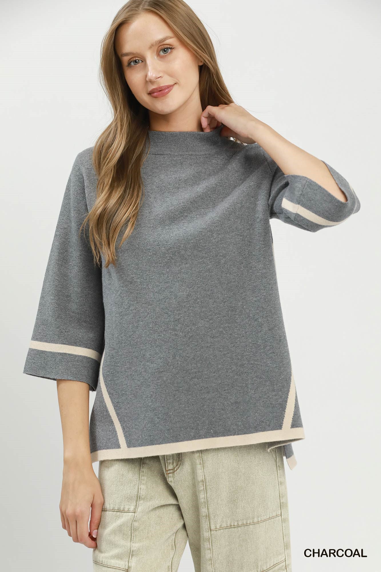 Mock Neck Contrast Trim Short Sleeve Knit Sweater Top