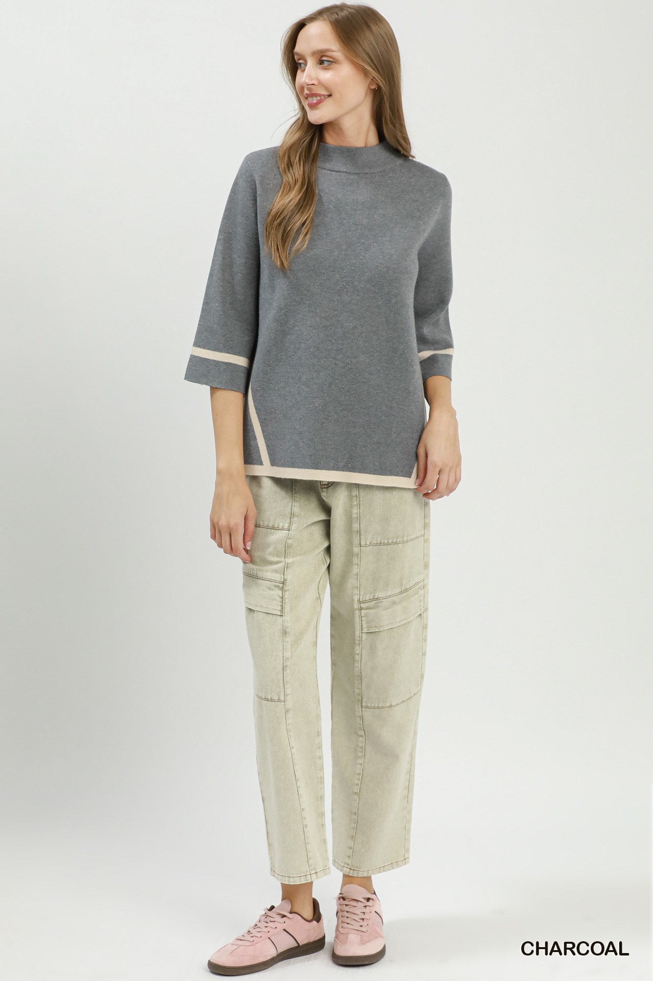 Mock Neck Contrast Trim Short Sleeve Knit Sweater Top