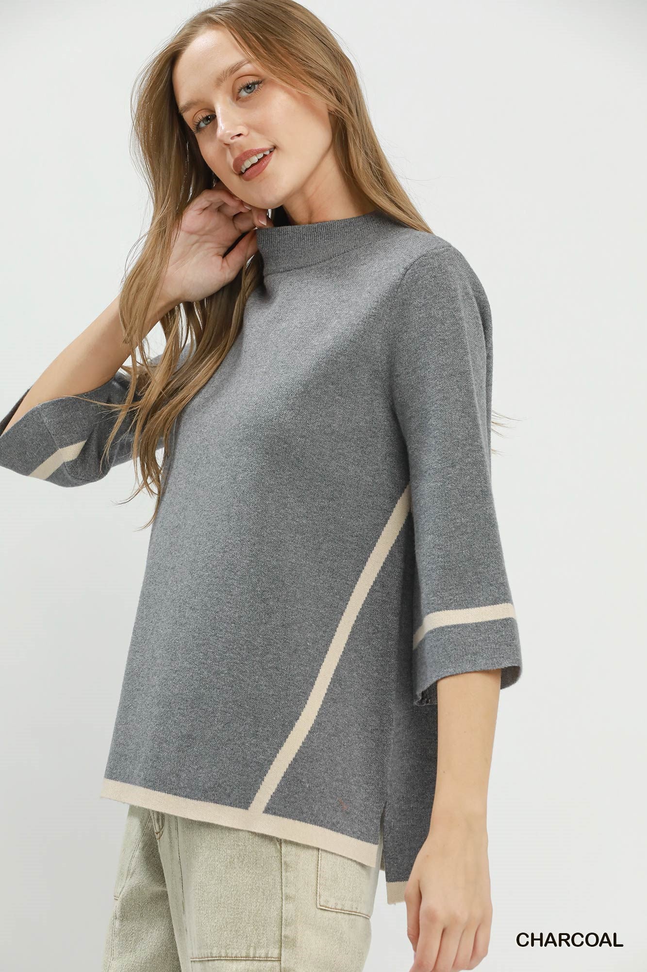Mock Neck Contrast Trim Short Sleeve Knit Sweater Top