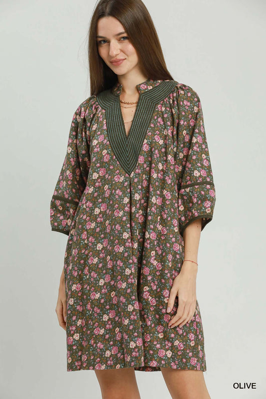 Floral Print Corduroy Mini Dress