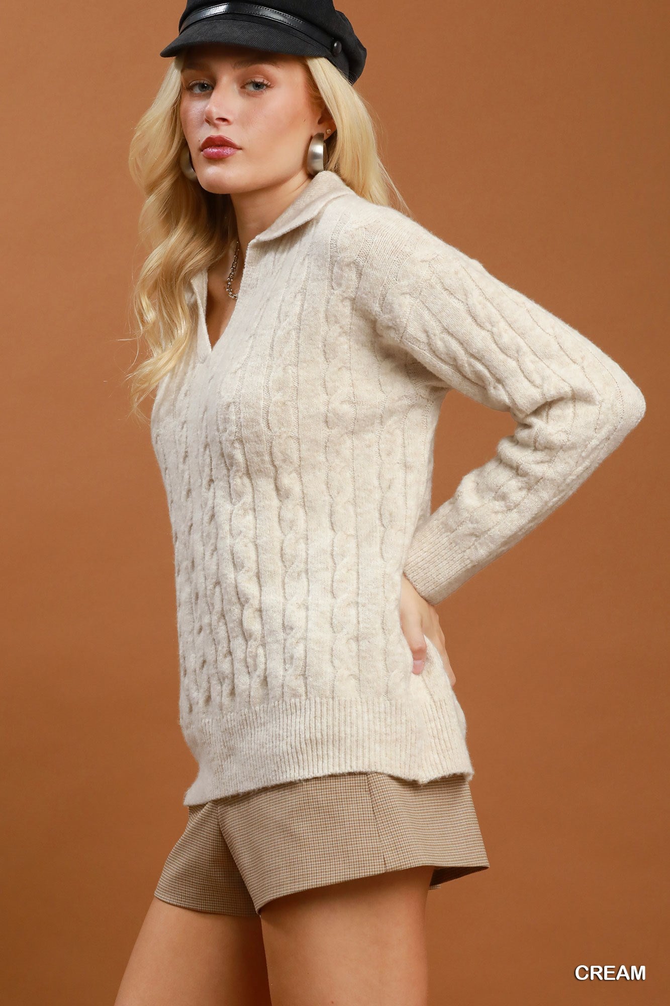 Cable Knit Collared V-Neck Sweater