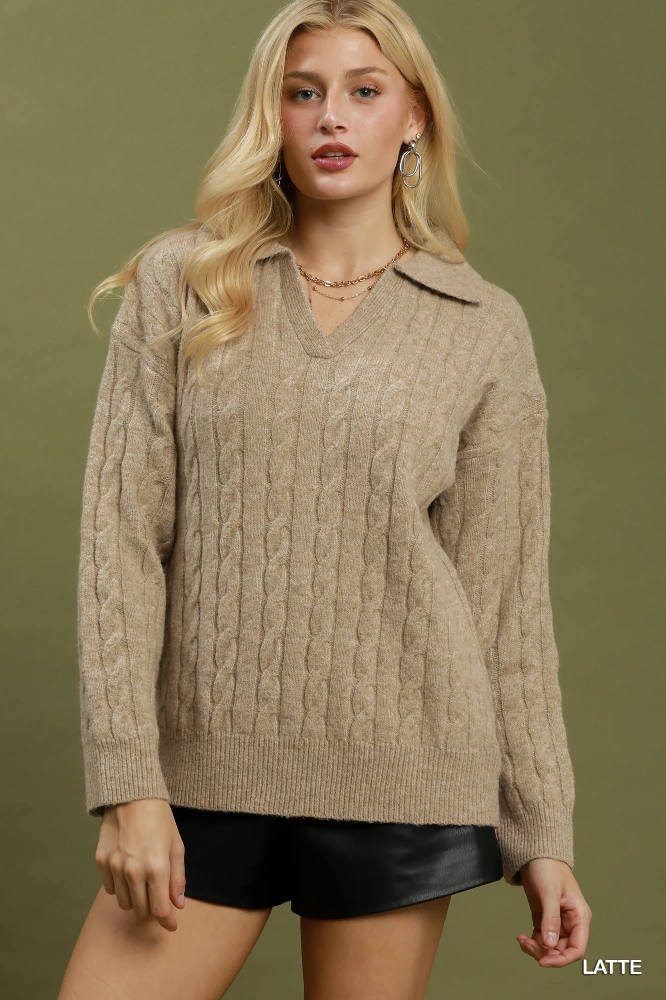 Cable Knit Collared V-Neck Sweater