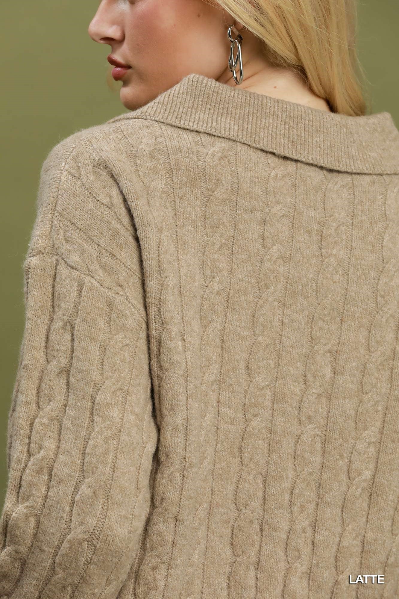Cable Knit Collared V-Neck Sweater