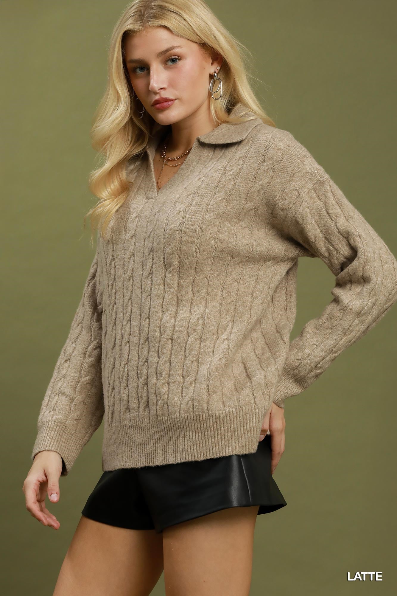 Cable Knit Collared V-Neck Sweater