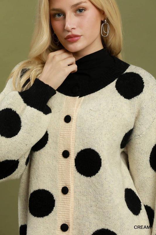 Polka Dot Button Down Knit Cardigan Sweater