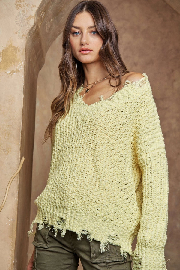 Distressed Boat Neck Knit Sweater