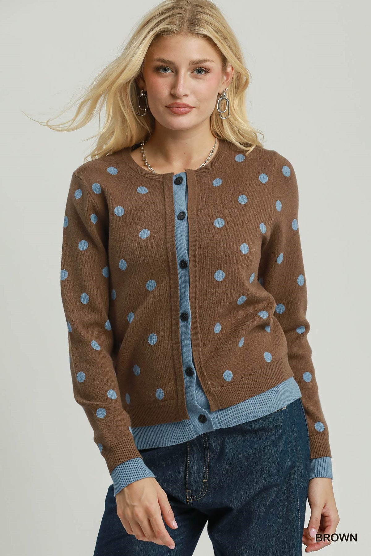 Polka Dot Contrast Trim Button Front Cardigan