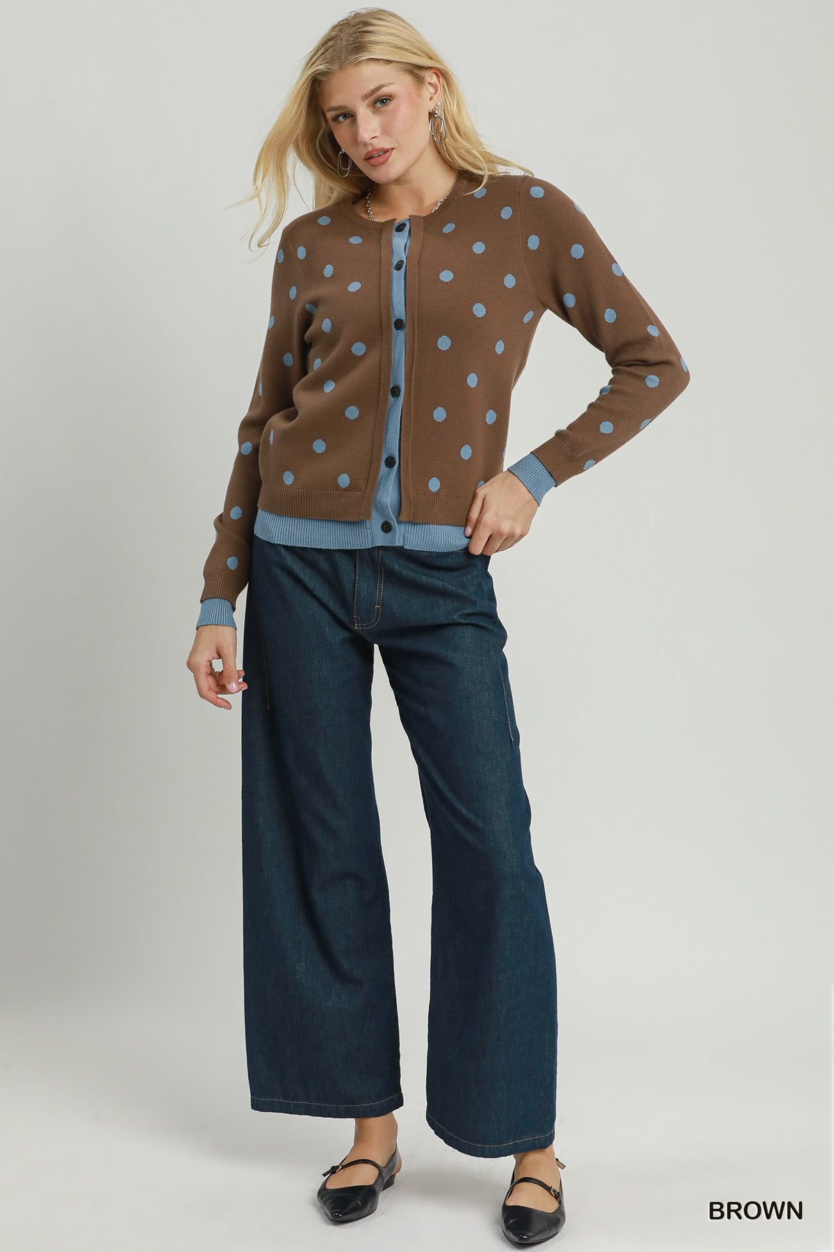 Polka Dot Contrast Trim Button Front Cardigan