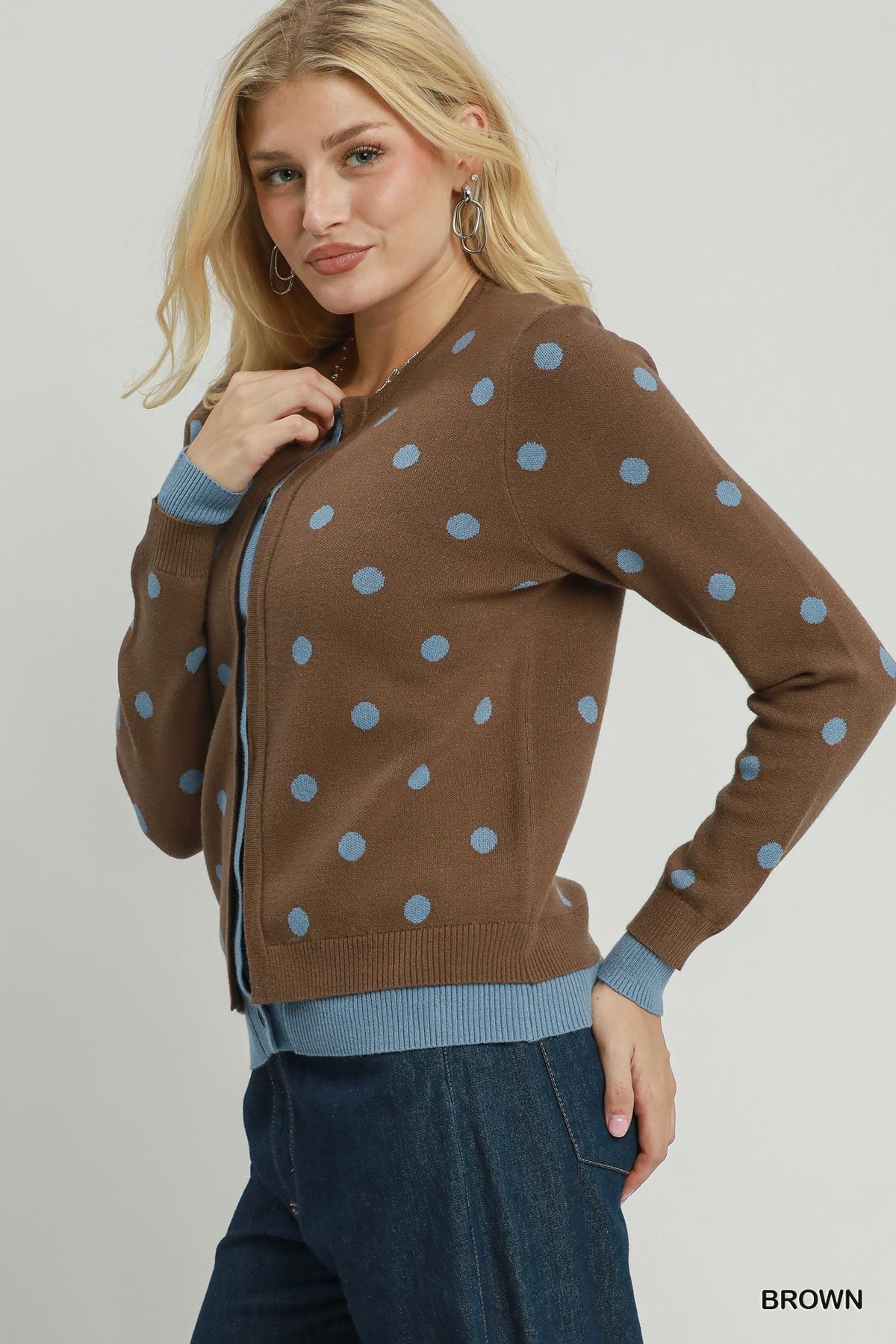 Polka Dot Contrast Trim Button Front Cardigan
