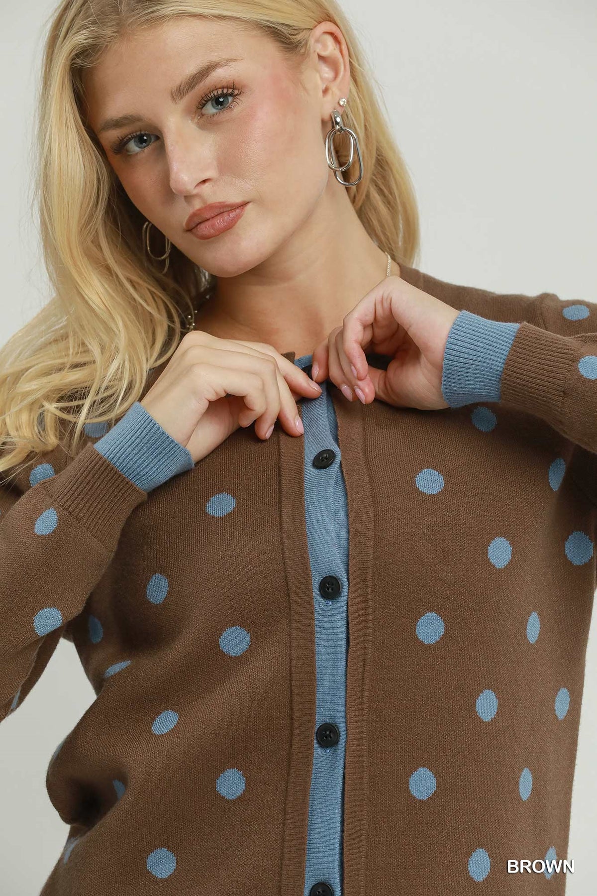 Polka Dot Contrast Trim Button Front Cardigan