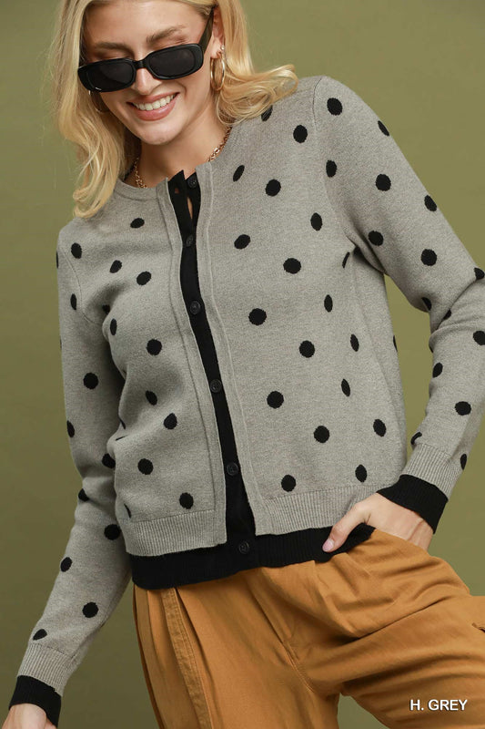 Polka Dot Contrast Trim Button Front Cardigan