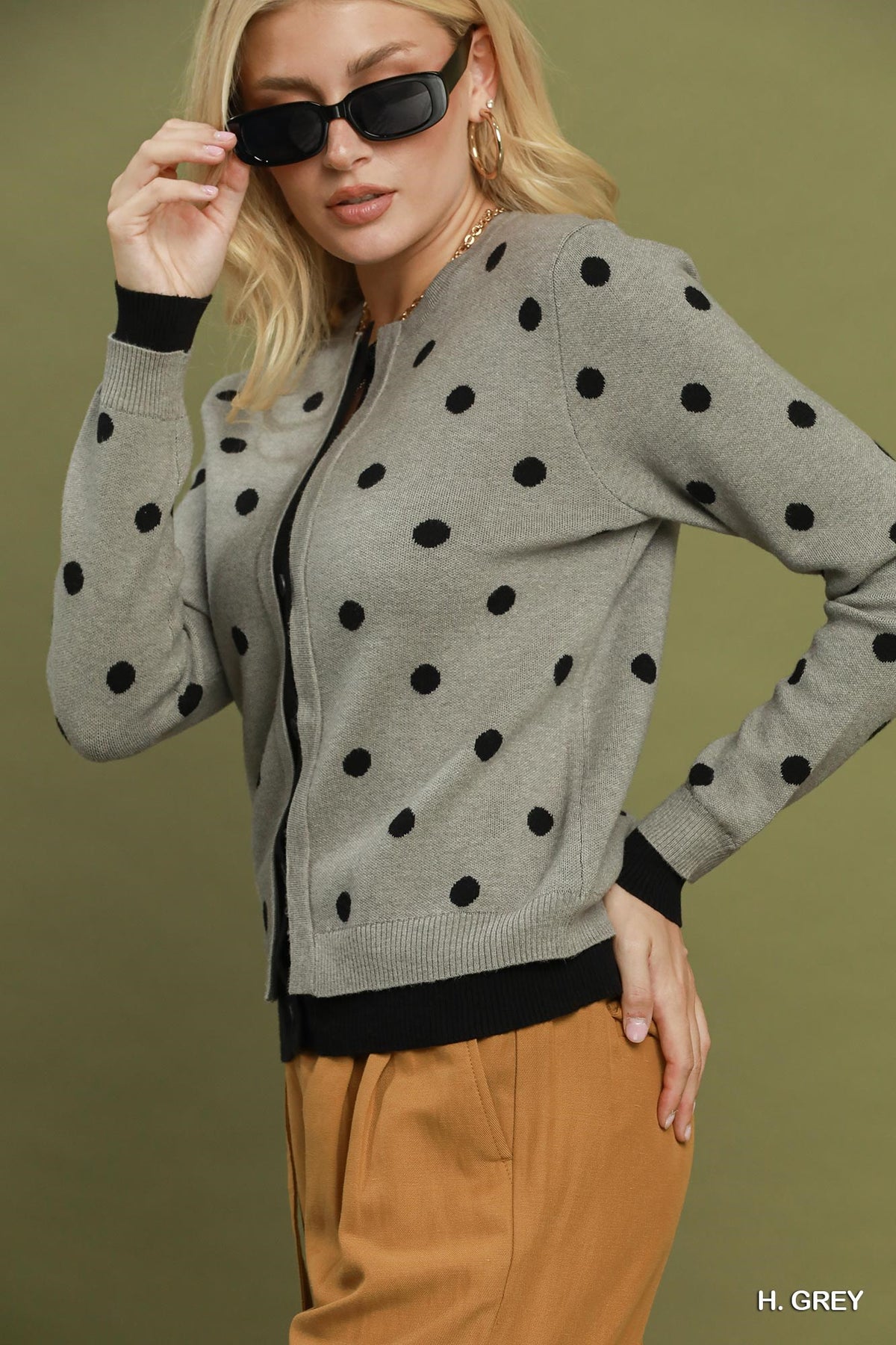 Polka Dot Contrast Trim Button Front Cardigan