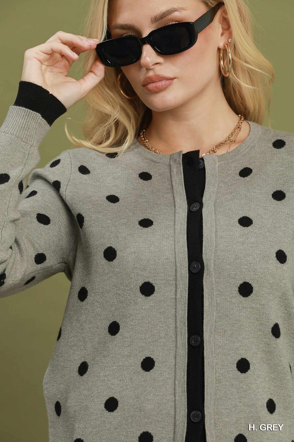 Polka Dot Contrast Trim Button Front Cardigan