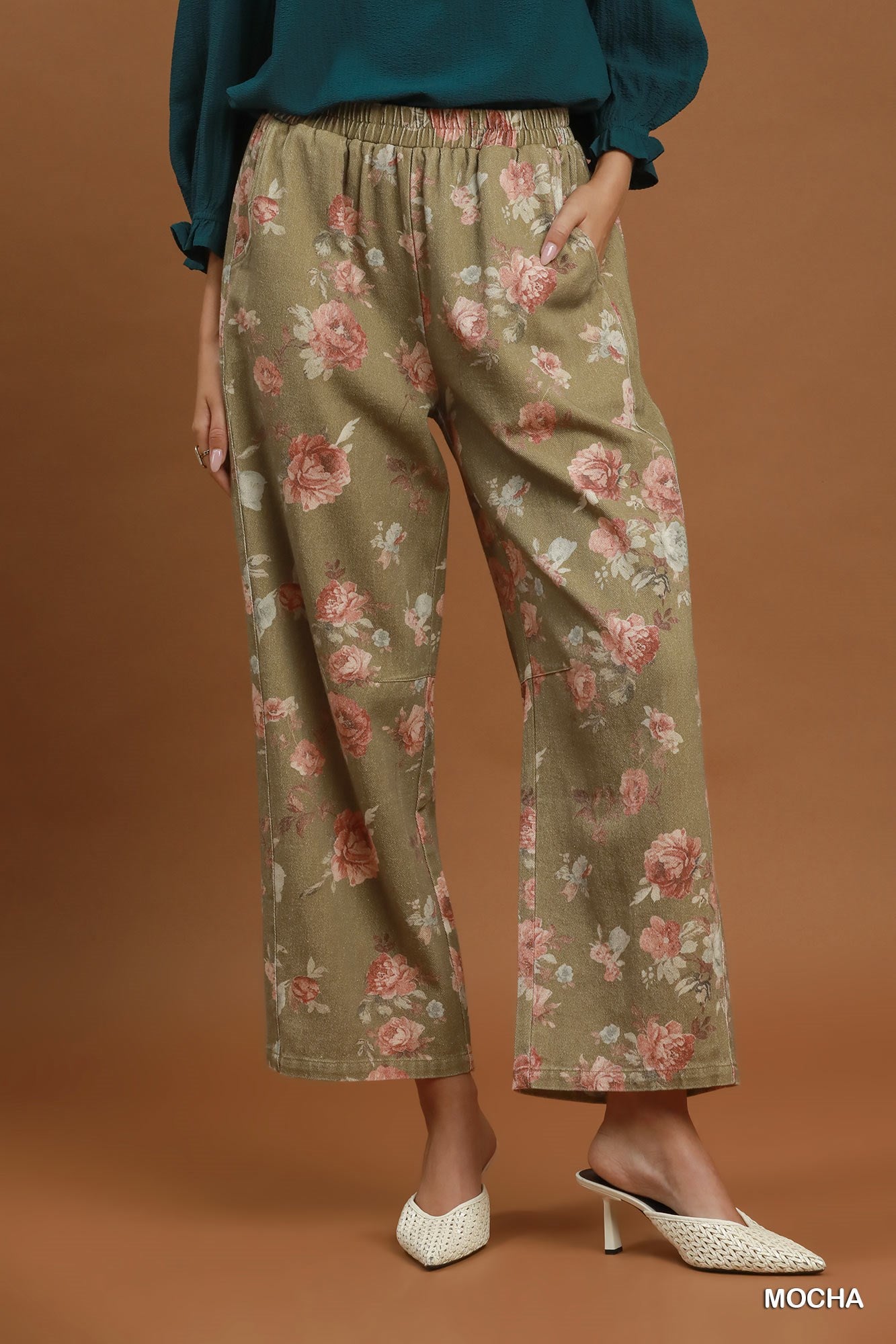 Mineral Wash Floral Print Wide Leg Pants