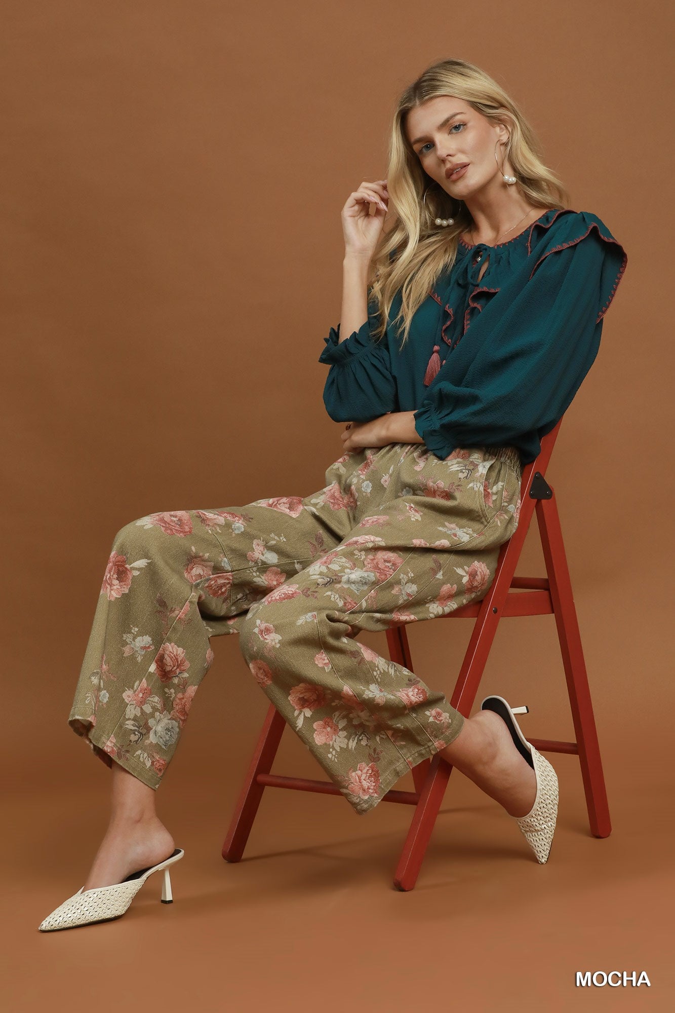 Mineral Wash Floral Print Wide Leg Pants