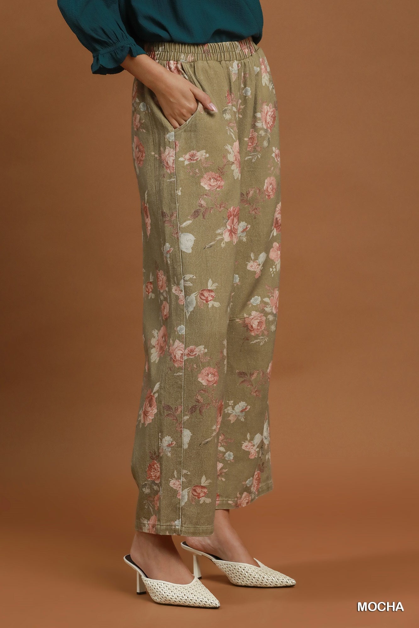 Mineral Wash Floral Print Wide Leg Pants