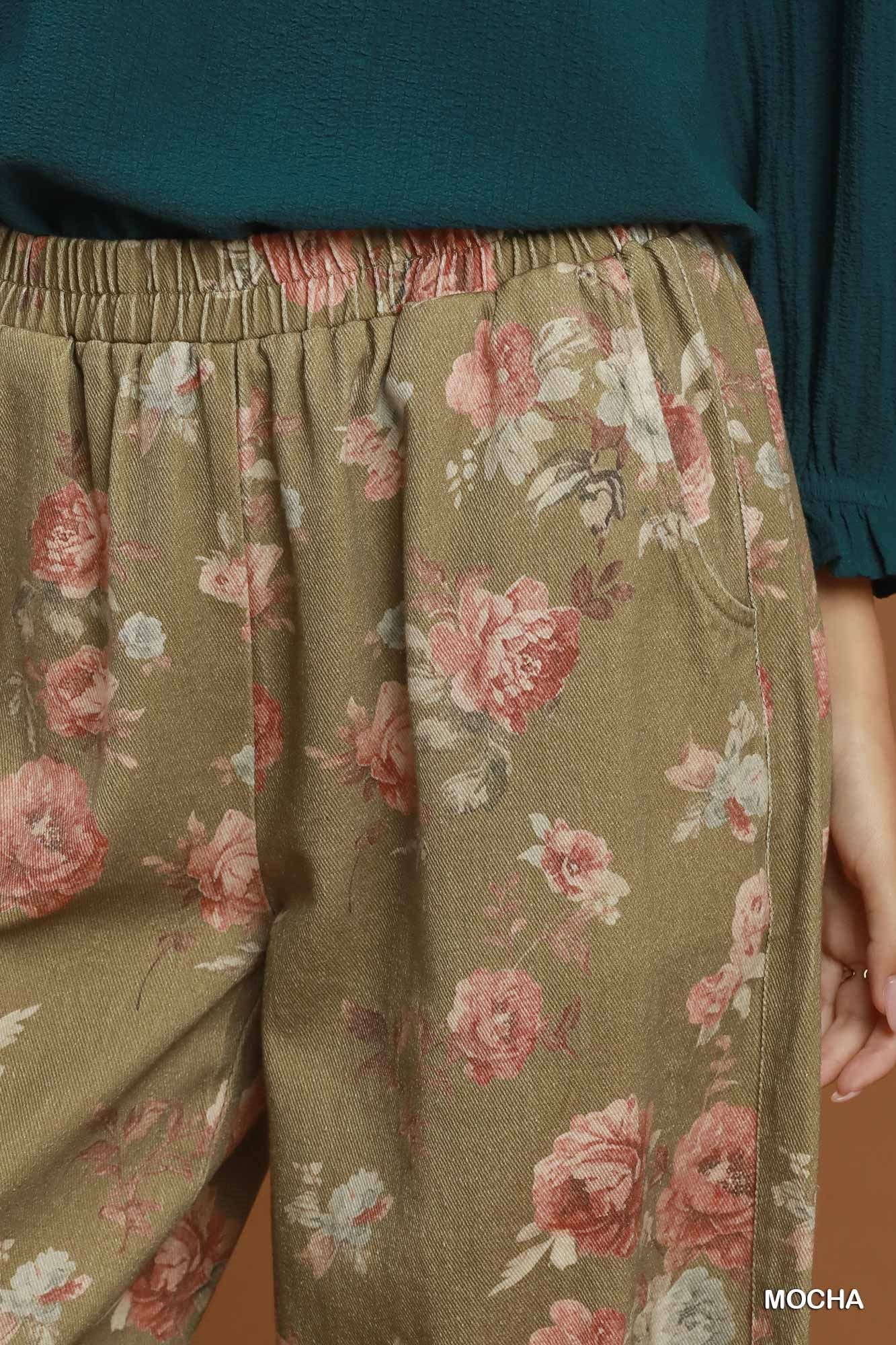 Mineral Wash Floral Print Wide Leg Pants