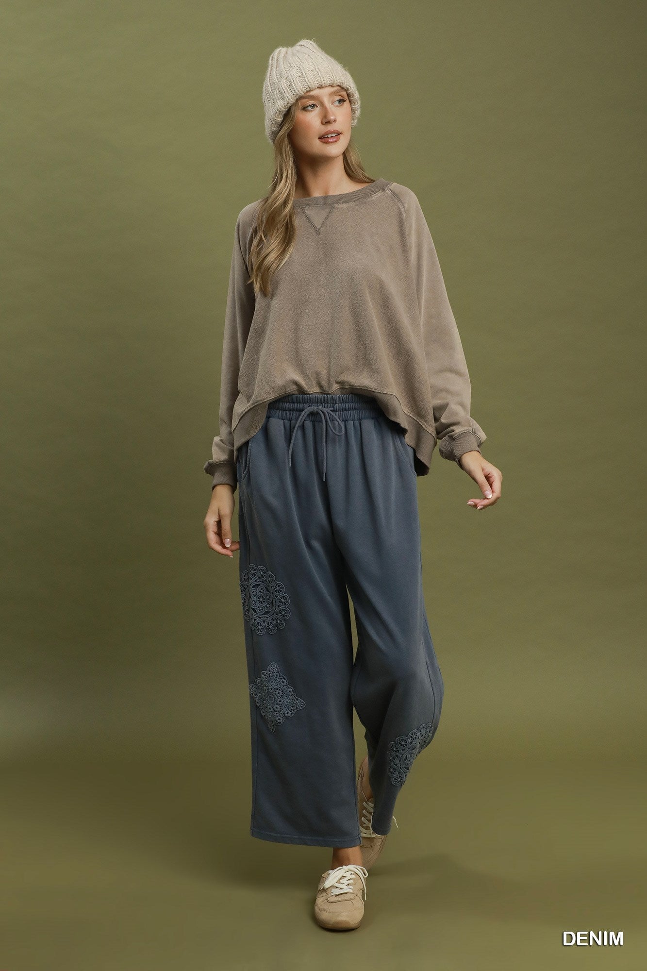 Mineral Wash Crochet Barrel Pants