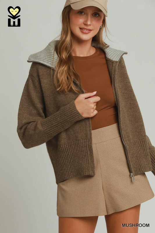Sweater Jacket with Contrast Collar