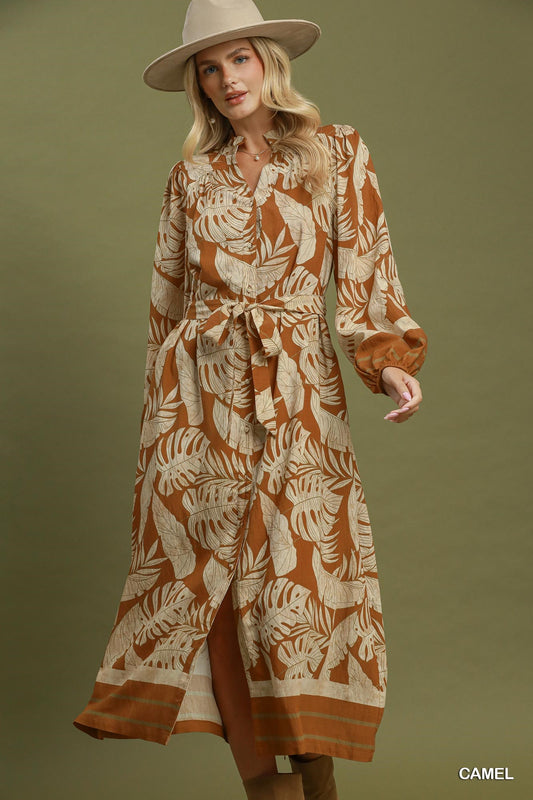 Leaf Print Belted Button Front Maxi Dress