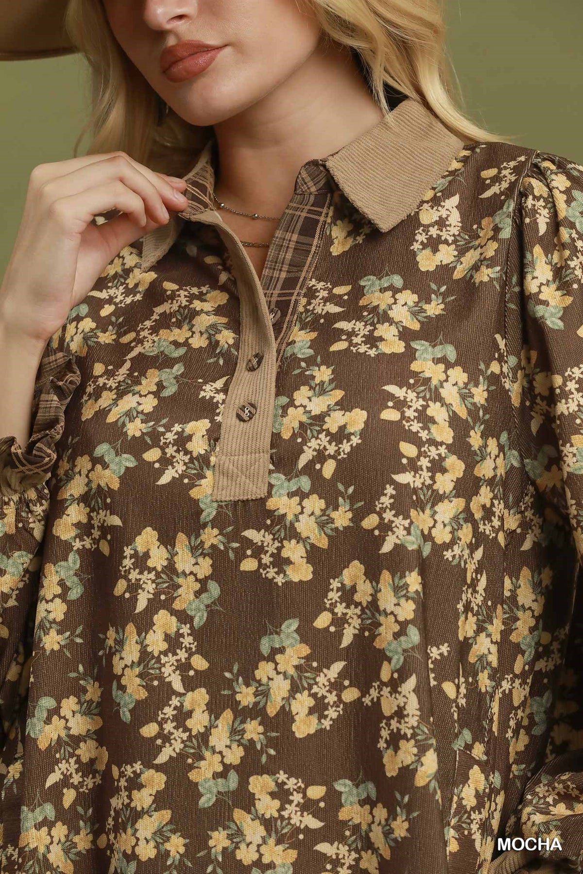 Corduroy Floral Print Collared Shift Dress