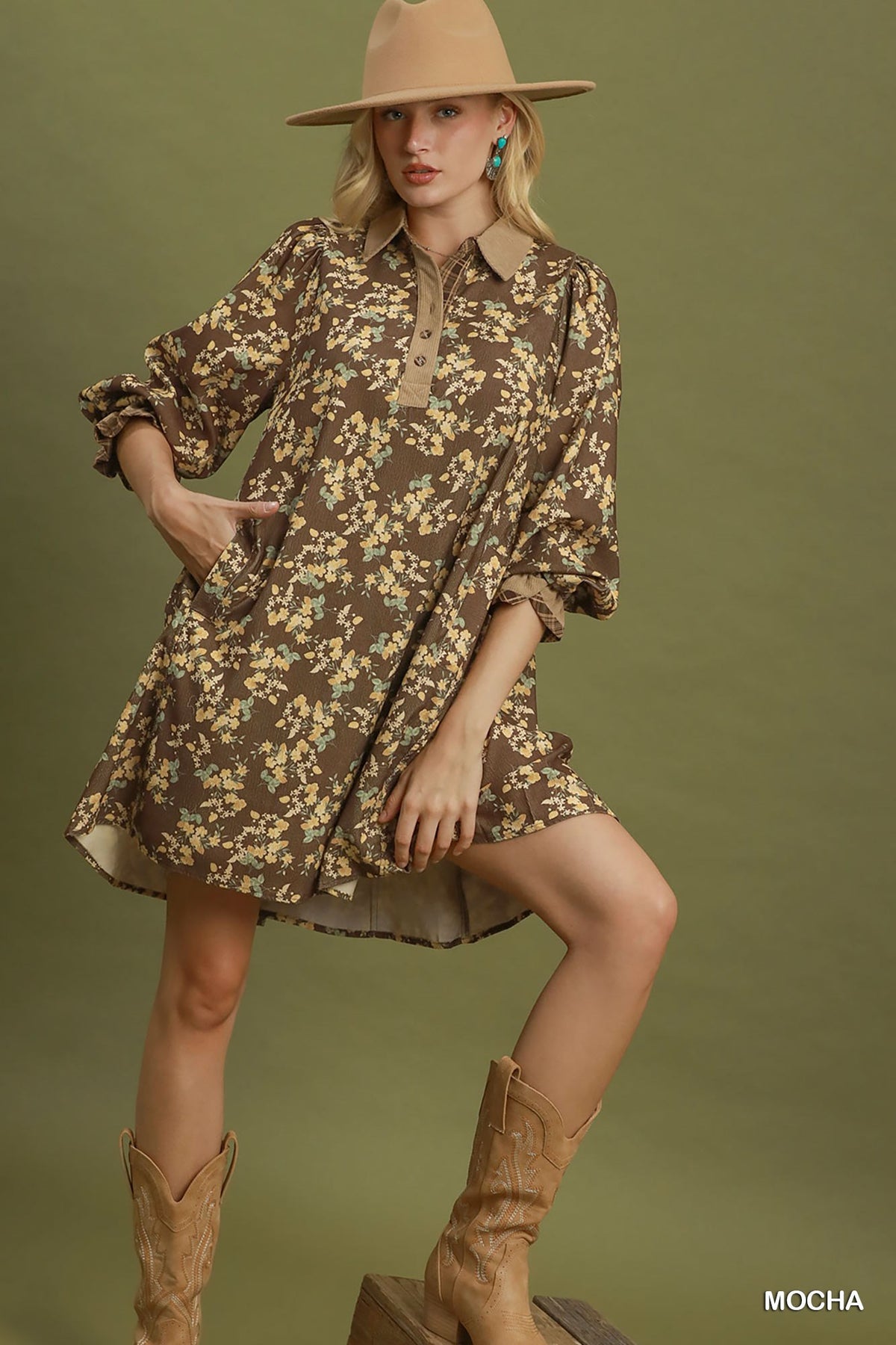 Corduroy Floral Print Collared Shift Dress