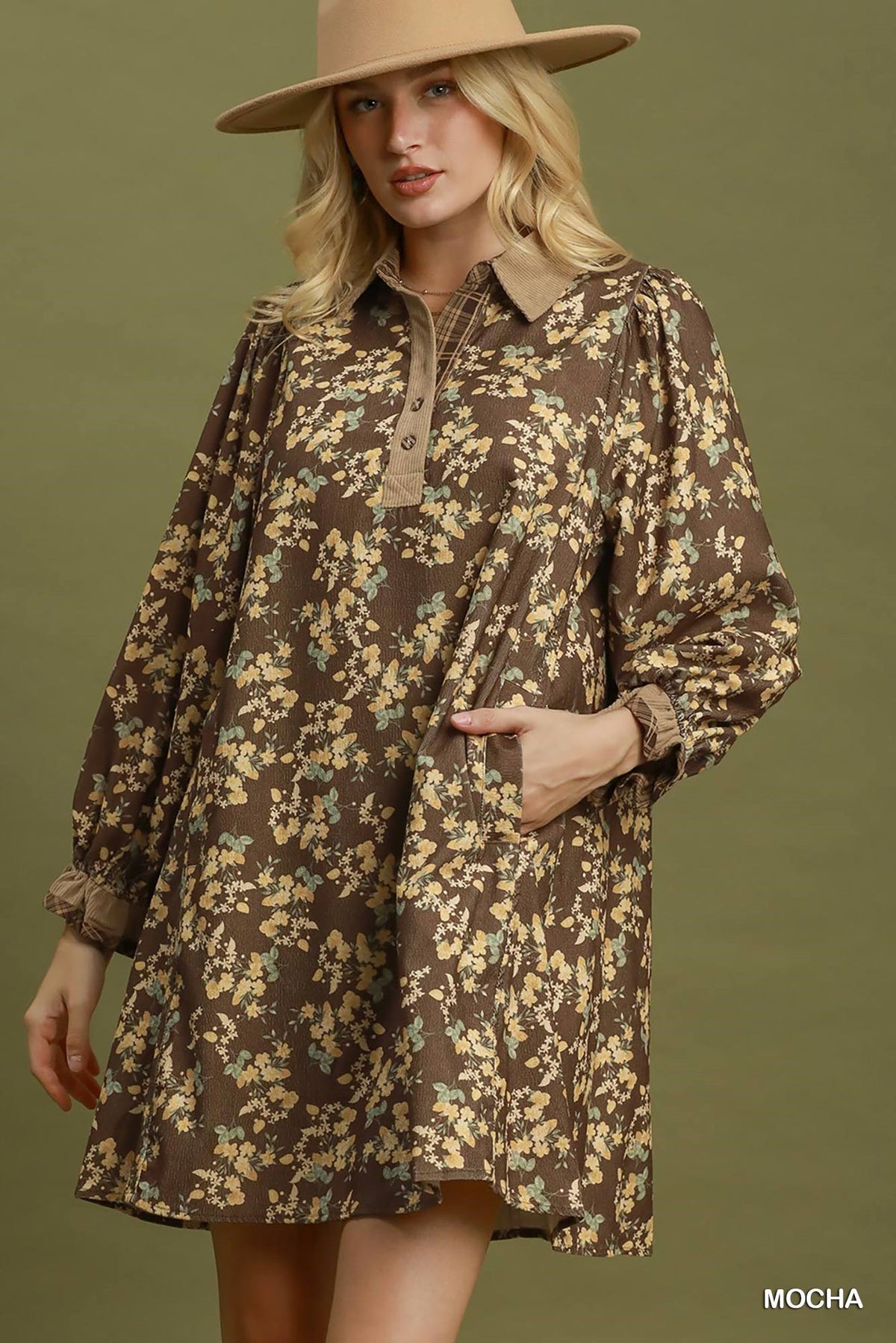Corduroy Floral Print Collared Shift Dress