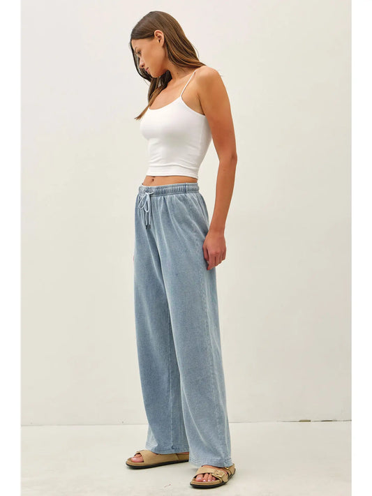 Cotton Terry Knit Denim Wide Leg Pull On Pants