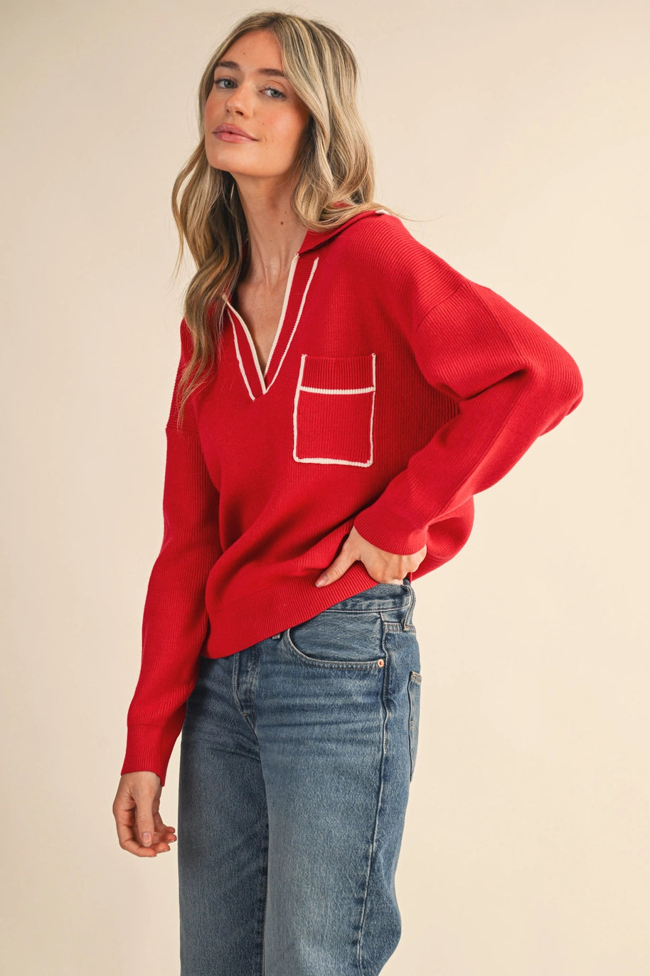 Ribbed Collared Pullover Sweater