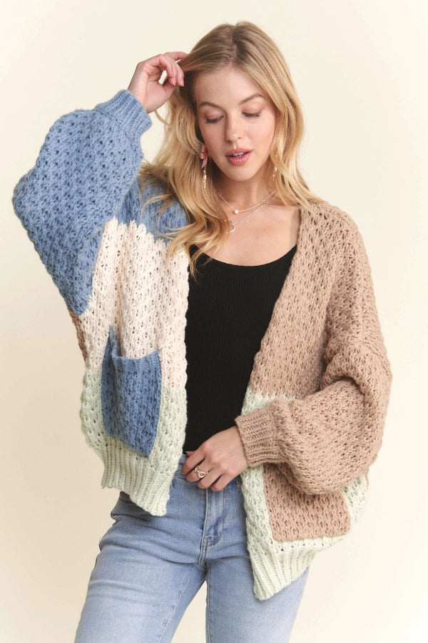 Colorblock Sweater Cardigan w/ Pocket