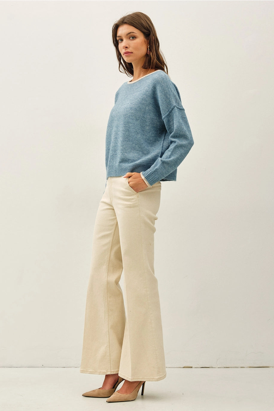 Contrast Layered-Look Boat Neck Cropped Sweater