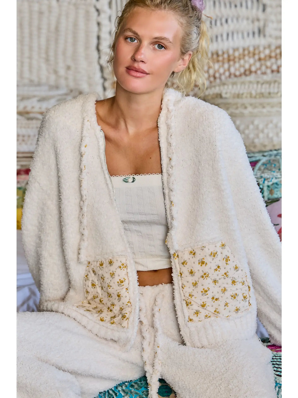 Floral Printed Cozy Berber Sweater Hoodie Zip-Up Jacket