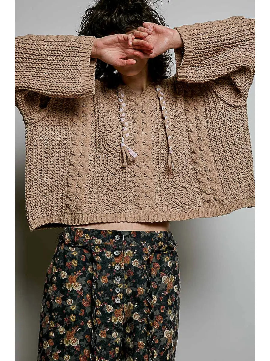 Oversize Fit V-Neck Hooded Cable Knit Chenille Sweater
