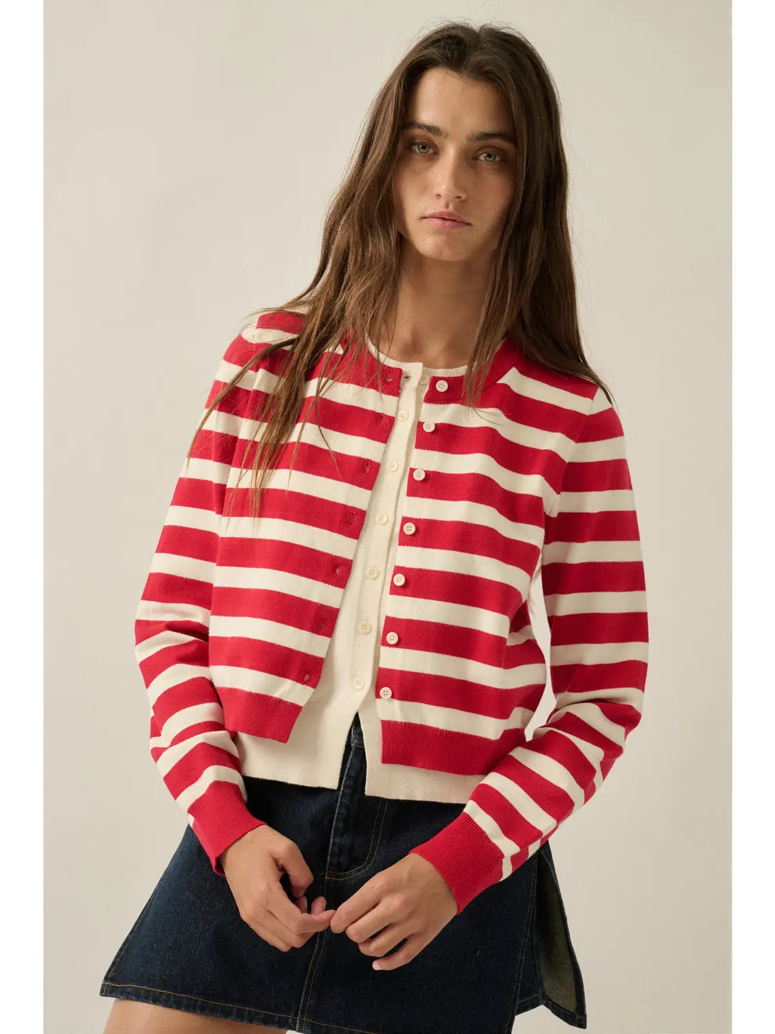 Striped Knit Round-Neck Button-Front Layered Cardigan