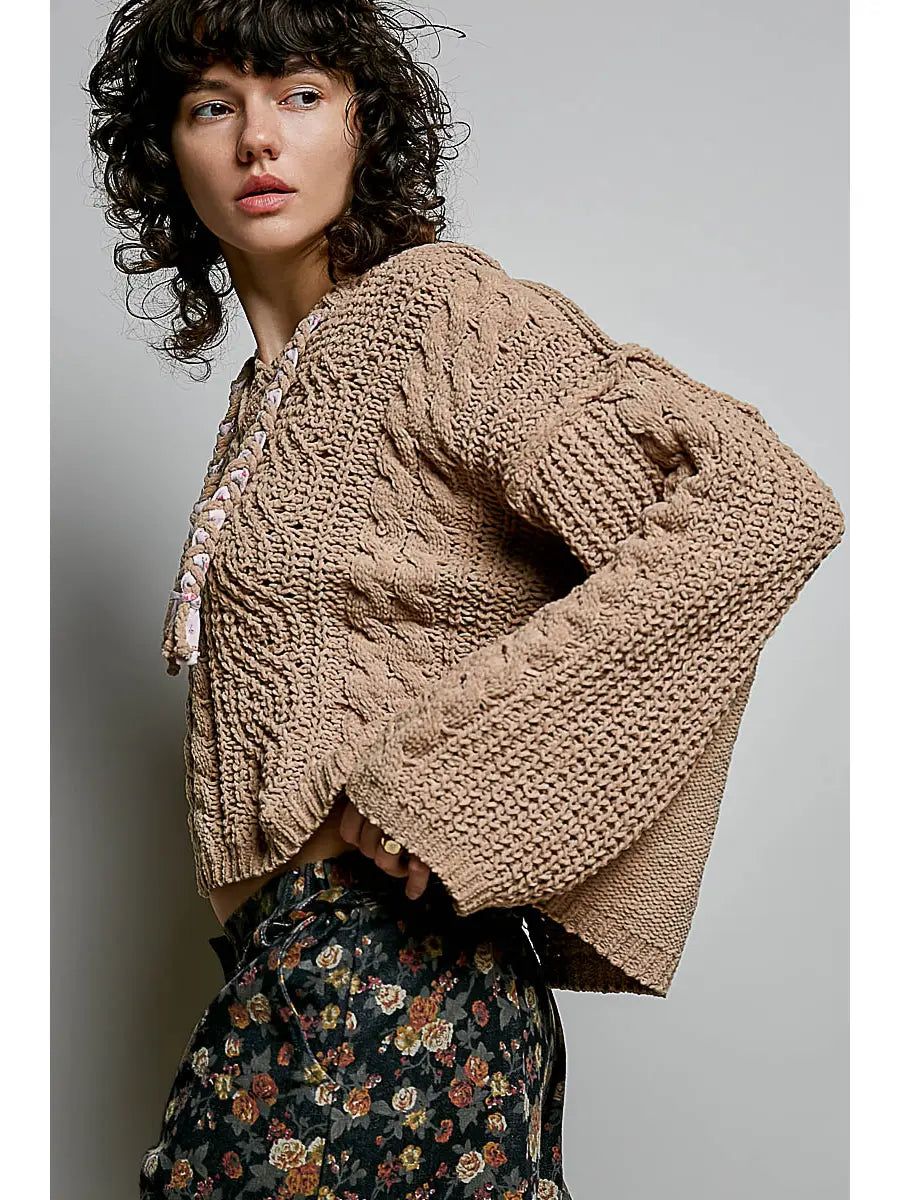 Oversize Fit V-Neck Hooded Cable Knit Chenille Sweater