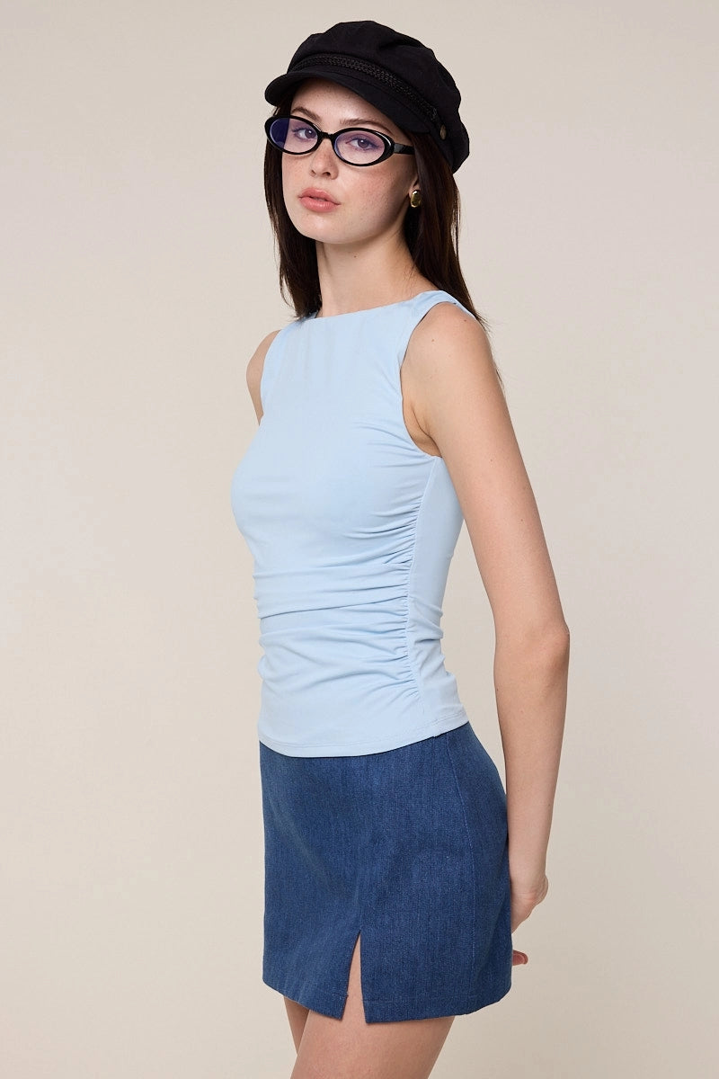 Solid Color Boat Neck Body-Conscious Fit Plain Top