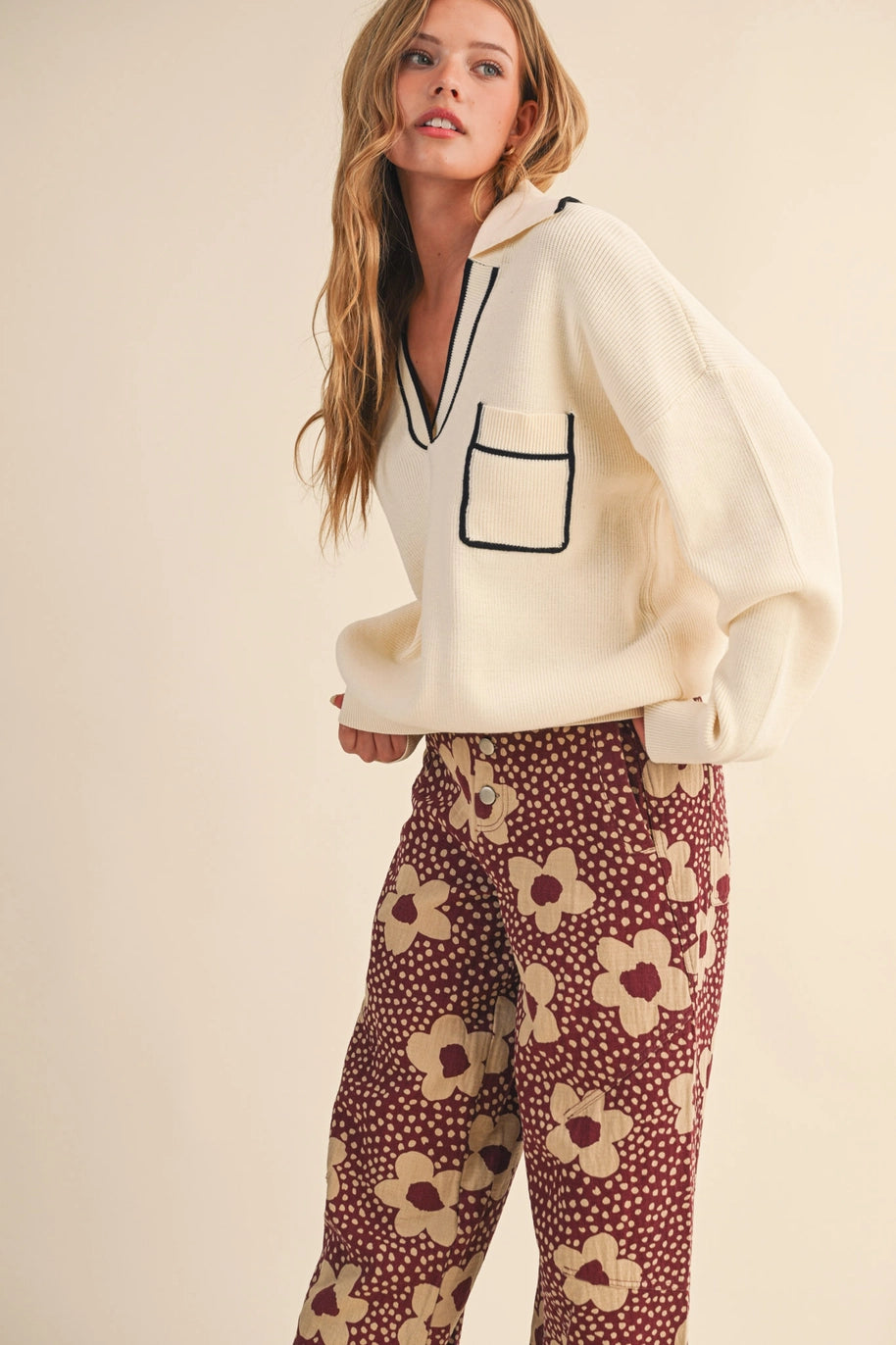 Ribbed Collared Pullover Sweater