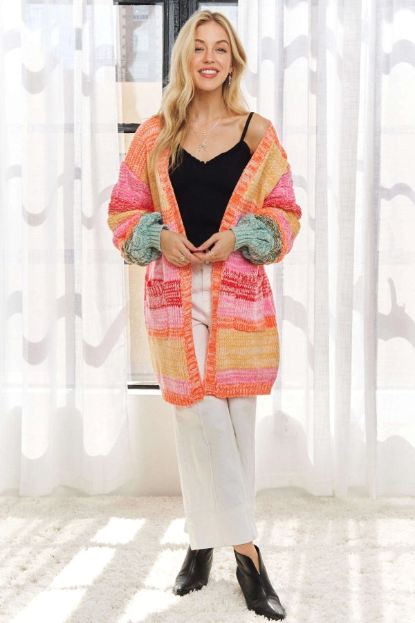 Long Puff Sleeve Multi Color Stripe Sweater Cardigan