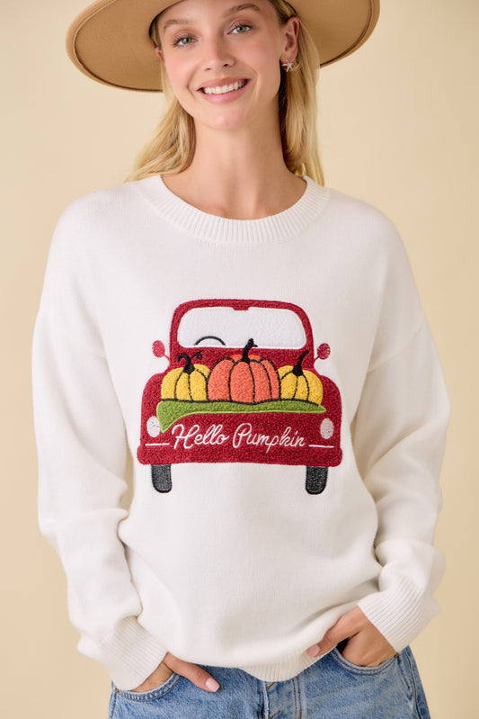 Pumpkin Truck Patchwork Sweater Knit Top