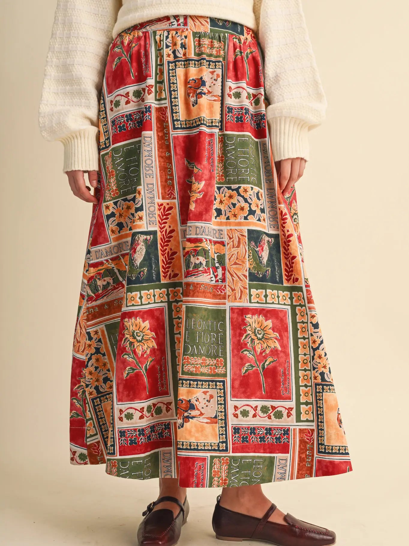 Exclusive Patch Print A-Line Midi Skirt