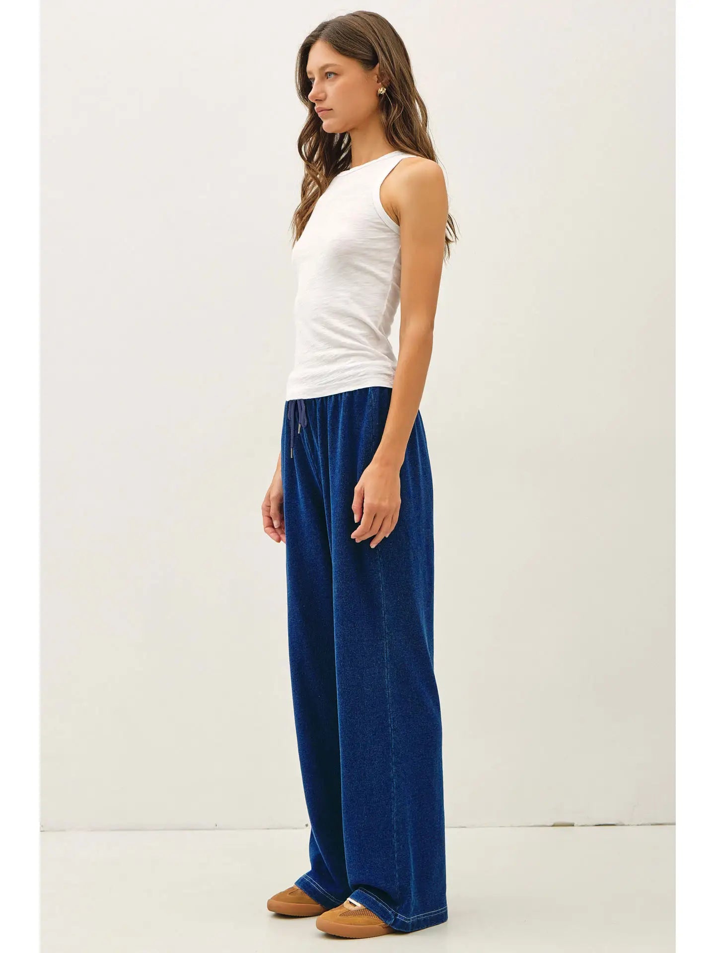 Cotton Terry Knit Denim Wide Leg Pull On Pants