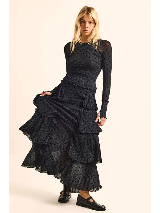 Flocked Polka Dot Mesh Tiered Ruffle Cascade Maxi Skirt