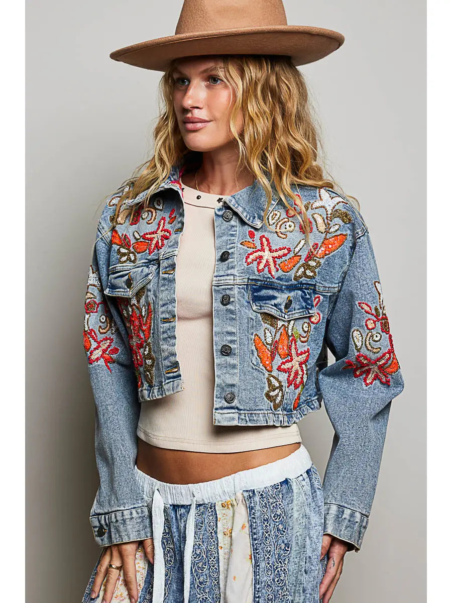 Beaded Embroidered Waist Tab Denim Jacket