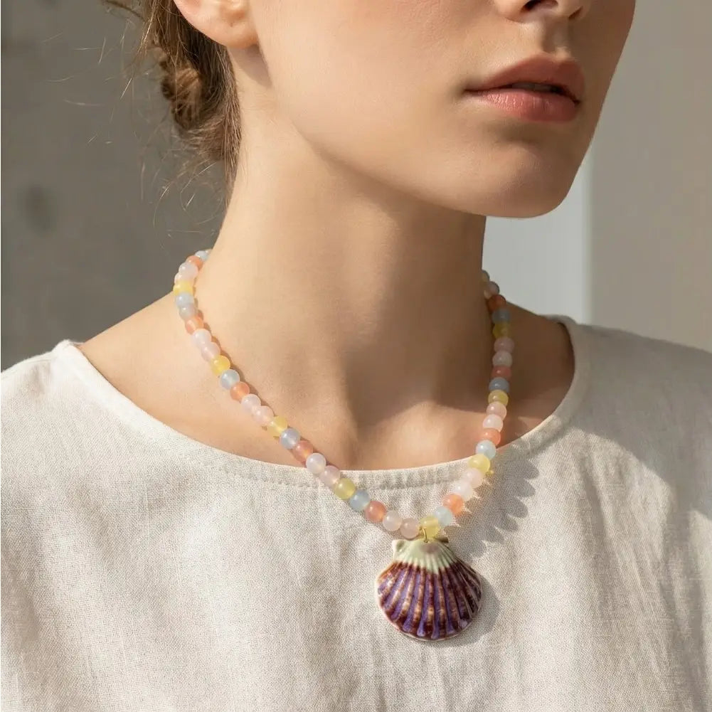 Ceramic Sea Shell Pendant Colorful Beaded Necklace