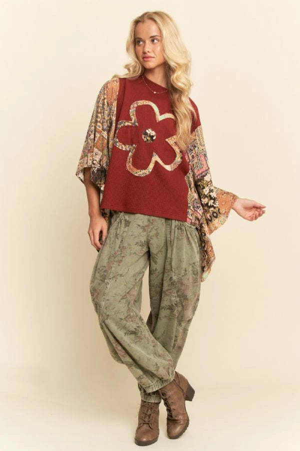 Boho Patchwork Knit Top w/ Flower