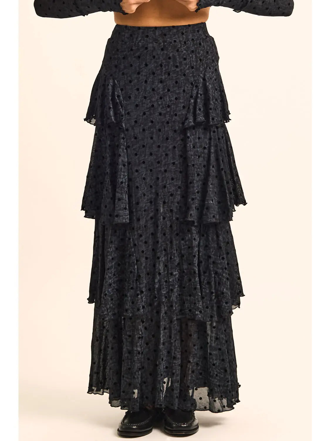 Flocked Polka Dot Mesh Tiered Ruffle Cascade Maxi Skirt