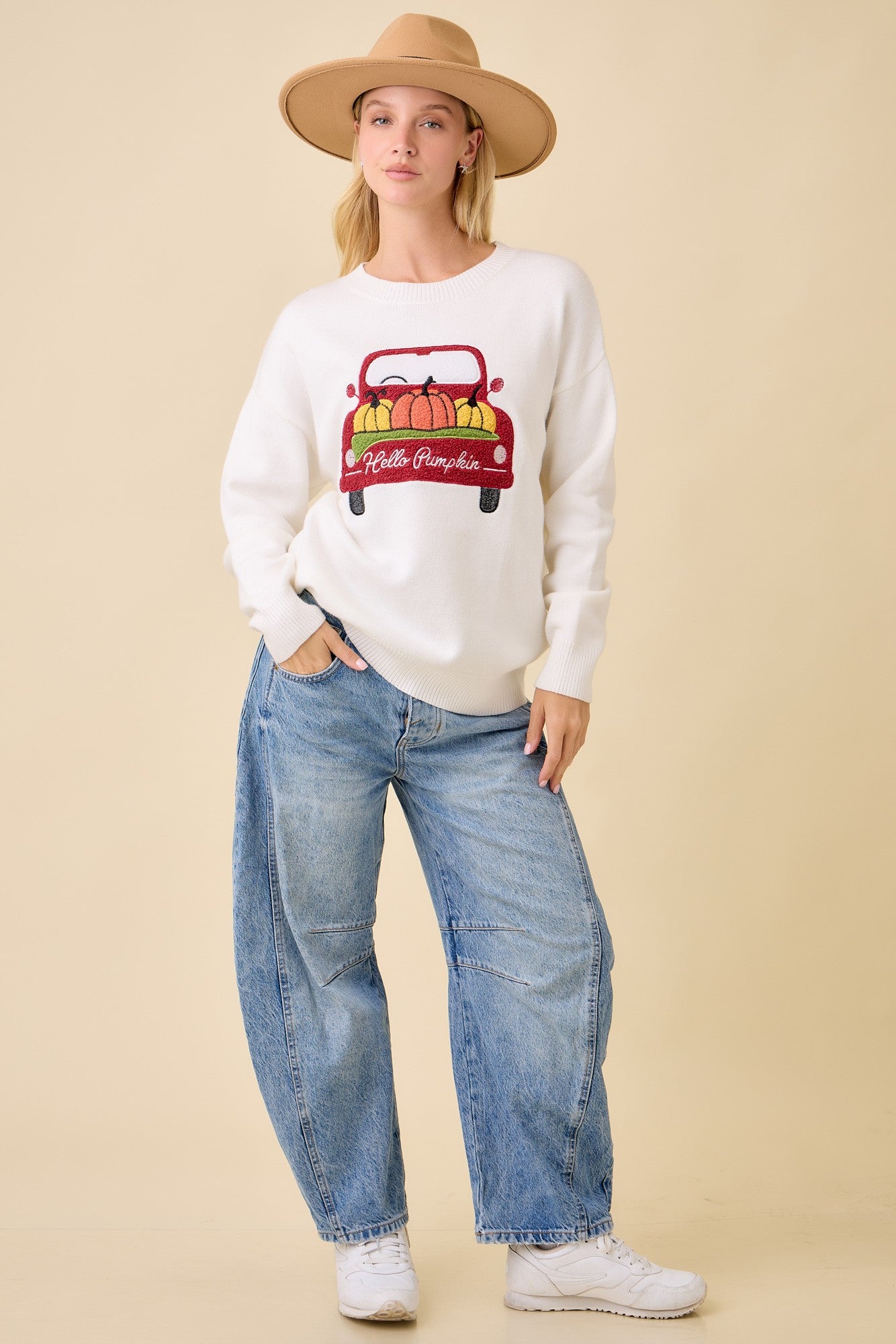 Pumpkin Truck Patchwork Sweater Knit Top