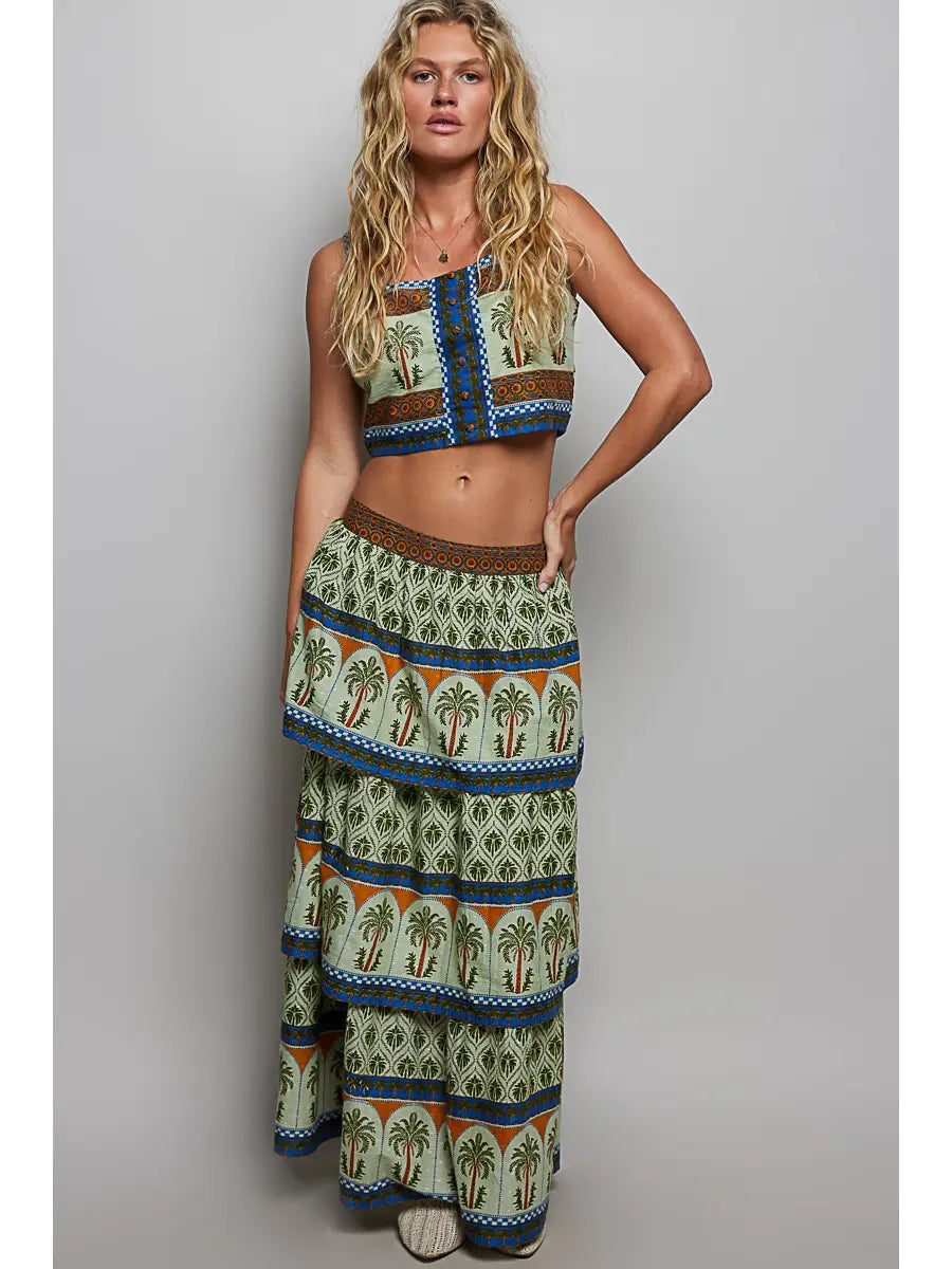 Palm Border Geometric Print Tiered Maxi Skirt